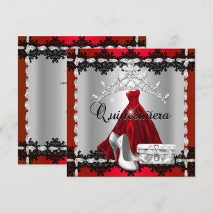 Quinceanera 15th Red Black Silver Diamond Tiara Invitation