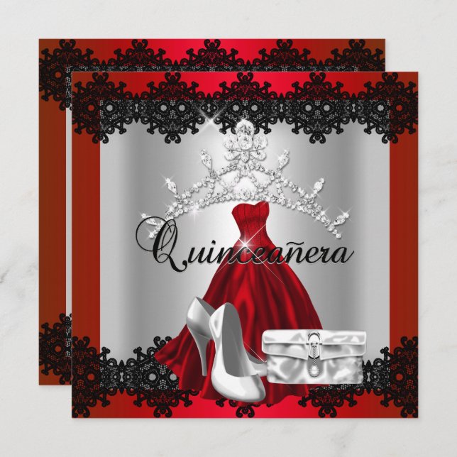 Quinceanera 15th Red Black Silver Diamond Tiara Invitation (Front/Back)