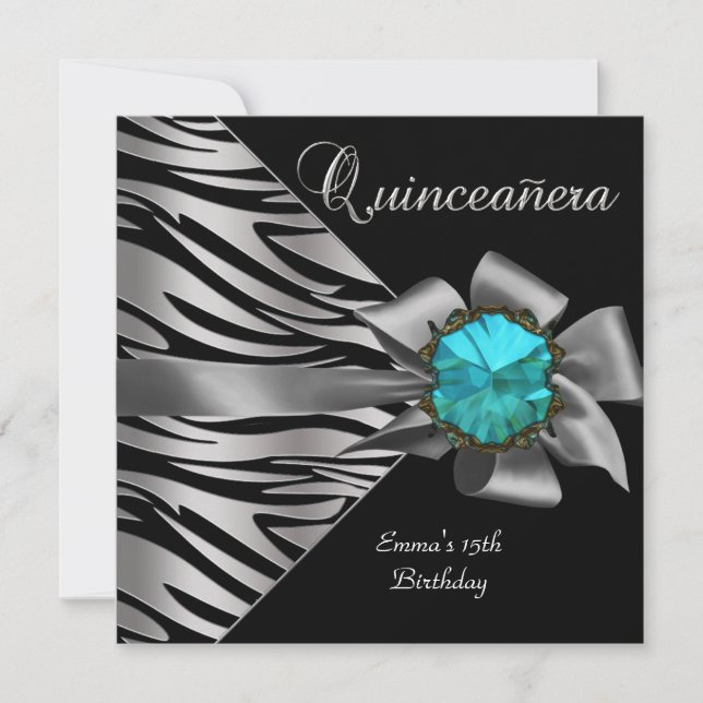 Quinceanera 15th Silver Zebra Teal Black Grey Bow Invitation (Front)