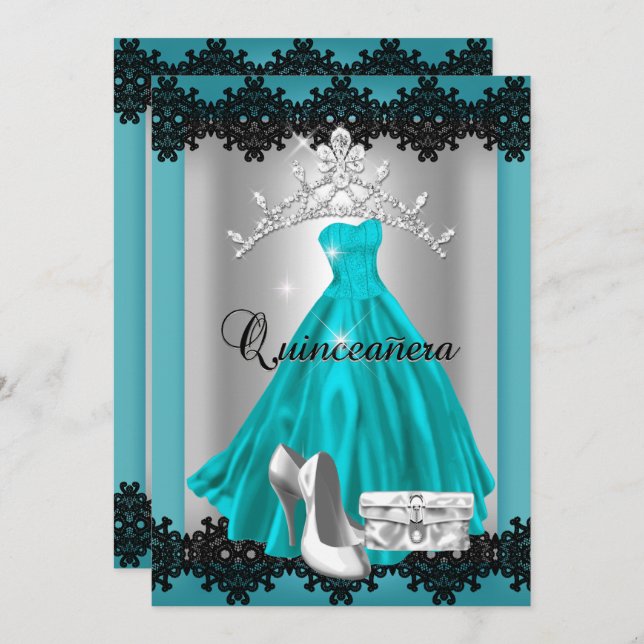 Quinceanera 15th Teal Black Silver Diamond Tiara Invitation (Front/Back)