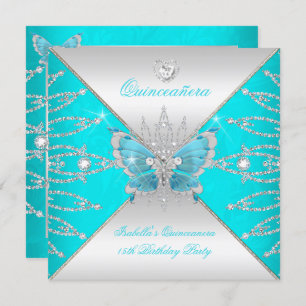 Quinceanera 15th Teal Blue Silver Butterfly Tiara Invitation