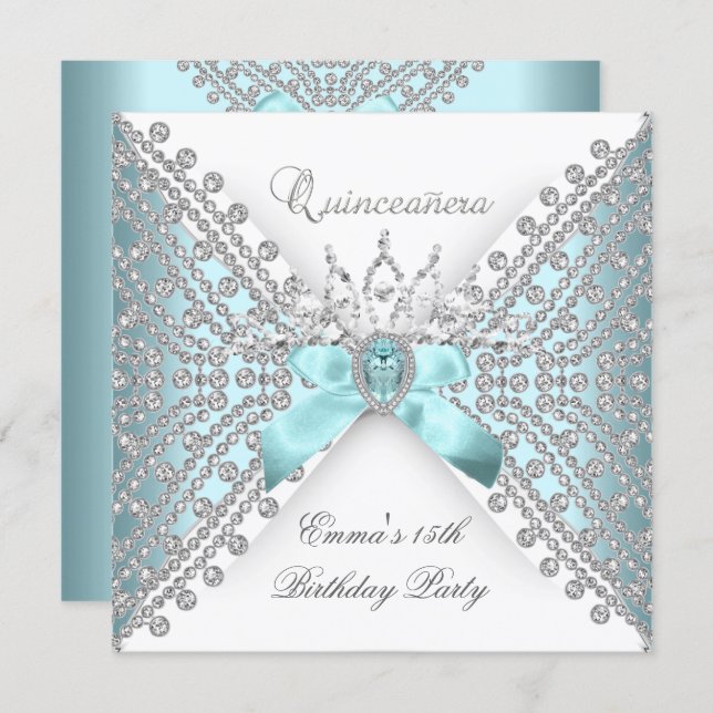 Quinceanera 15th Teal Blue Silver White Diamond Invitation (Front/Back)