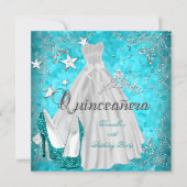 Quinceanera 15th Teal Shimmer Glitter Invitation (Front)
