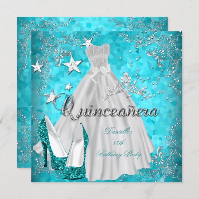 Quinceanera 15th Teal Shimmer Glitter Invitation (Front/Back)