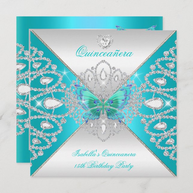 Quinceanera 15th Teal Silver Butterfly Tiara 2 Invitation (Front/Back)