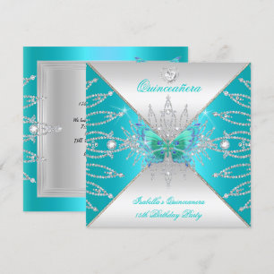 Quinceanera 15th Teal Silver Butterfly Tiara 3 Invitation