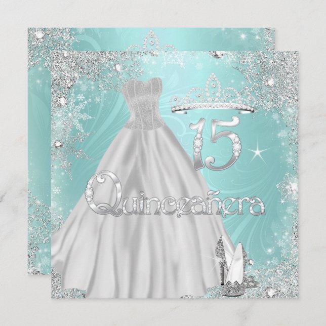 Quinceanera 15th Teal Silver Snowflakes Party Invitation (Front/Back)