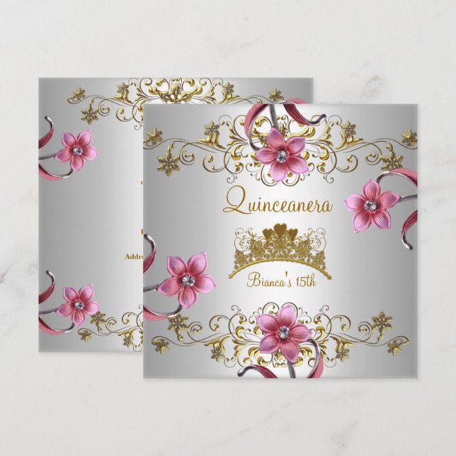 Quinceanera 15th White Pink Flowers Gold Tiara Invitation (Front/Back)