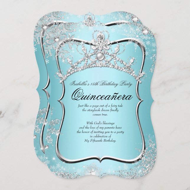 Quinceanera 15th Winter Wonderland Silver Blue Invitation (Front/Back)