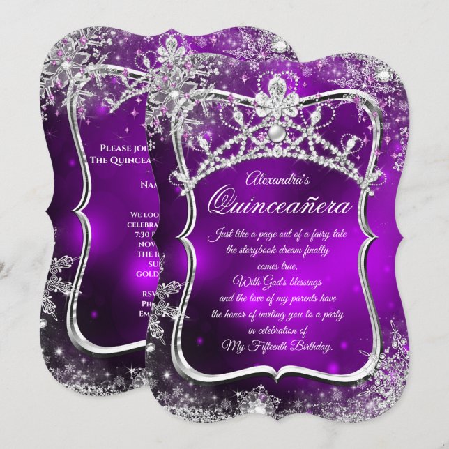 Quinceanera 15th Winter Wonderland Silver Purple Invitation (Front/Back)
