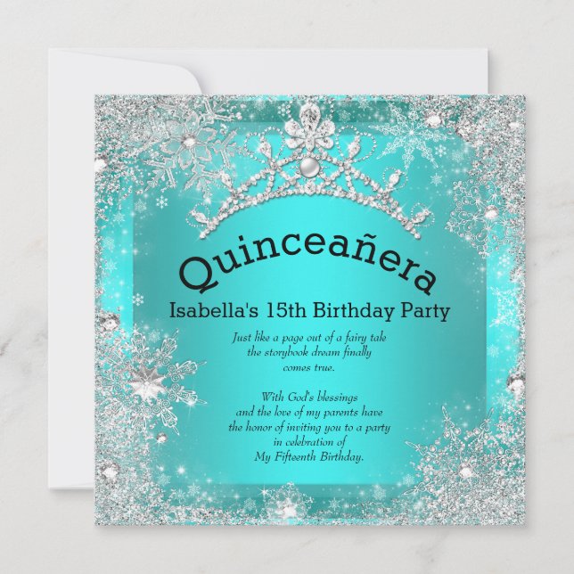 Quinceanera 15th Winter Wonderland Silver Teal 2 Invitation (Front)