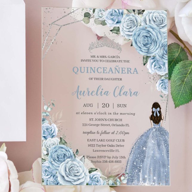 Quinceanera 16 Baby Blue Floral Princess Silver Acrylic Invitations (Creator Uploaded)