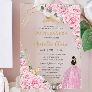 Quinceañera 16 Pink Roses Floral Gold Butterflies Acrylic Invitations