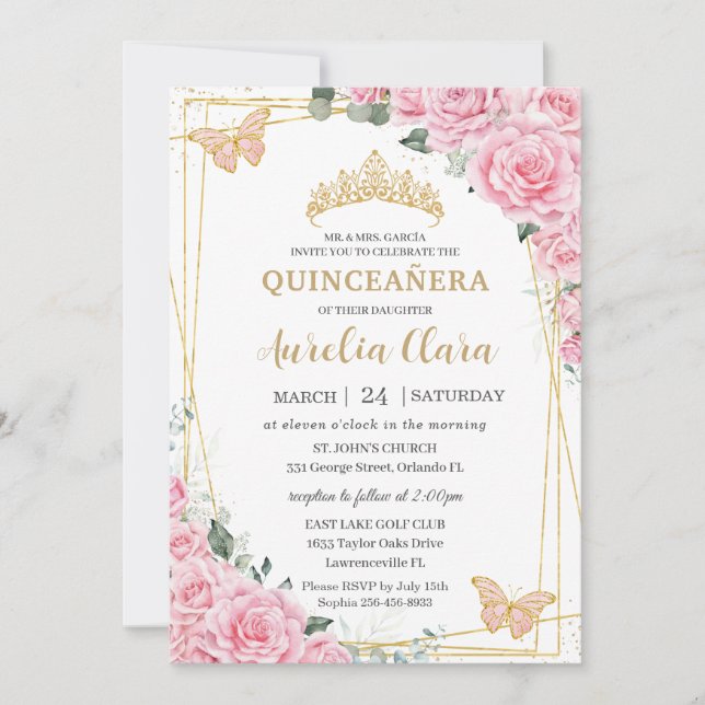 Quinceanera 16 Pink Roses Floral Gold Butterflies Invitation (Front)