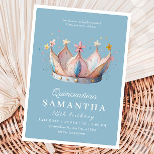 Quinceañera 16 Royal Blue Floral Gold Crown Invitation