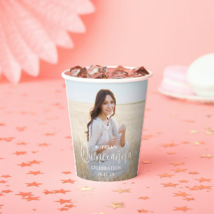 Quinceañera 2 Photos & Modern Trendy White Script Paper Cups