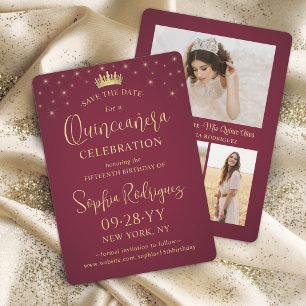 Quinceañera 3 Photo Collage Burgundy & Gold Stars Save The Date