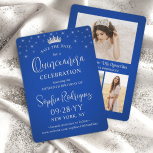 Quinceañera 3 Photo Collage Elegant Royal Blue Save The Date