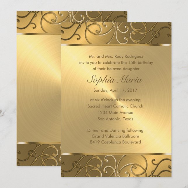 Quinceanera All Gold Filigree Swirl Border Invitation (Front/Back)