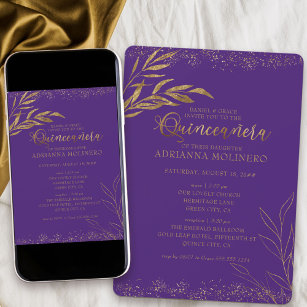 Quinceanera and Mass Elegant Purple and Gold Leaf Invitation