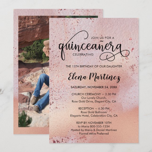Quinceanera and Mass Elegant Rose Gold Photo Invitation (Front/Back)