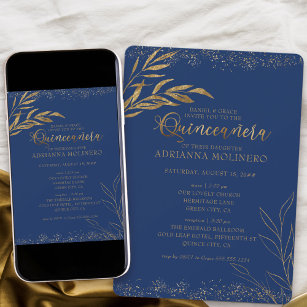 Quinceanera and Mass Royal Blue and Gold Leaf Invitation