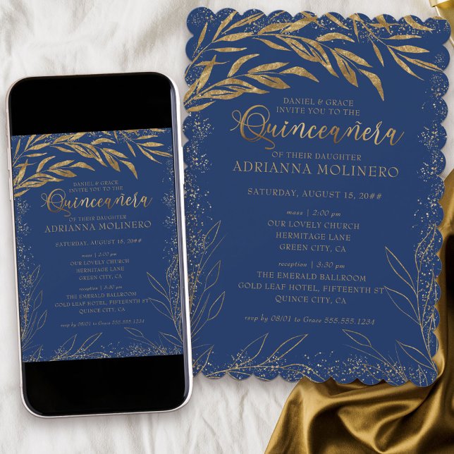 Quinceanera and Mass Royal Blue and Gold Leaves Invitation (Elegant invitation to Quinceanera and church ceremony in blue from my Gold Leaf Collection)
