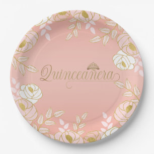 Quinceanera and Tiara Botanical in Pink and Gold Paper Plate