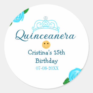 Quinceanera anos 15th birthday blue rose crown art classic round sticker