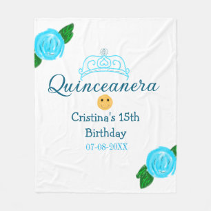 Quinceanera anos 15th birthday blue rose crown art fleece blanket