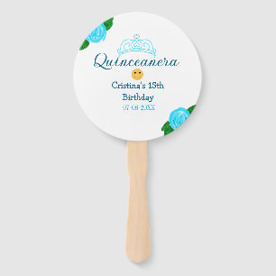 Quinceanera anos 15th birthday blue rose crown art hand fan
