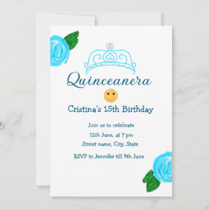 Quinceanera anos 15th birthday blue rose crown art invitation