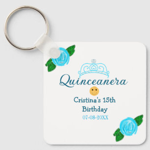 Quinceanera anos 15th birthday blue rose crown art key ring
