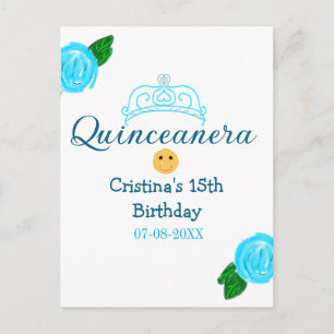 Quinceanera anos 15th birthday blue rose crown art postcard