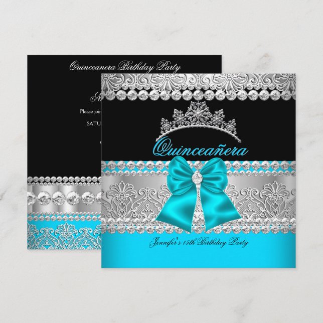 Quinceanera Aqua Blue Diamond Lace Birthday Party Invitation (Front/Back)