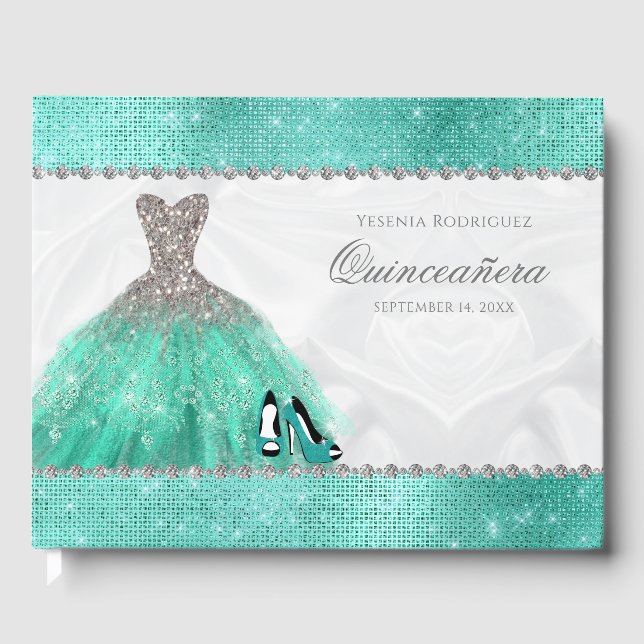 Quinceañera Aqua Diamond Sparkle Glitter Guest Book (Front)