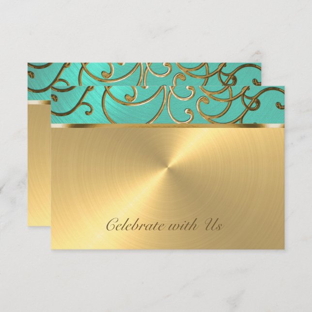 Quinceanera Aqua Green and Gold Filigree Swirls Invitation (Front/Back)