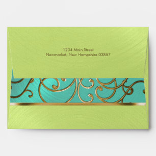 Quinceanera Aqua Lime Green Gold Filigree Swirls Envelope