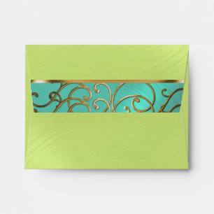 Quinceanera Aqua Lime Green Gold Filigree Swirls Envelopes
