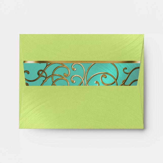 Quinceanera Aqua Lime Green Gold Filigree Swirls Envelopes (Back (Top Flap))