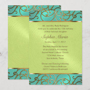 Quinceanera Aqua Lime Green Gold Filigree Swirls Invitation