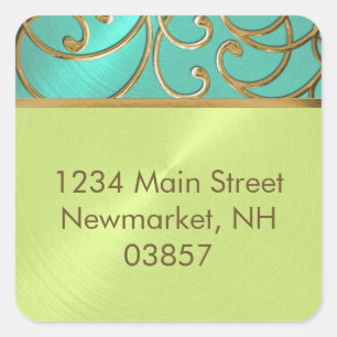 Quinceanera Aqua Lime Green Gold Filigree Swirls Square Sticker