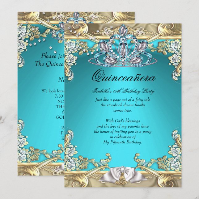 Quinceanera Aqua Teal Gold 15th Birthday Party Invitation (Front/Back)