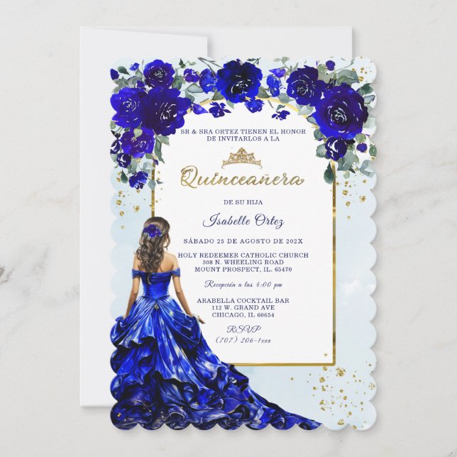 Quinceañera Azul Real y Oro Invitation (Front)