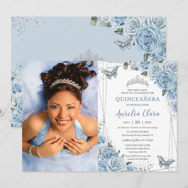 Quinceañera Baby Blue Floral Butterflies 16th Invitation (Front/Back)