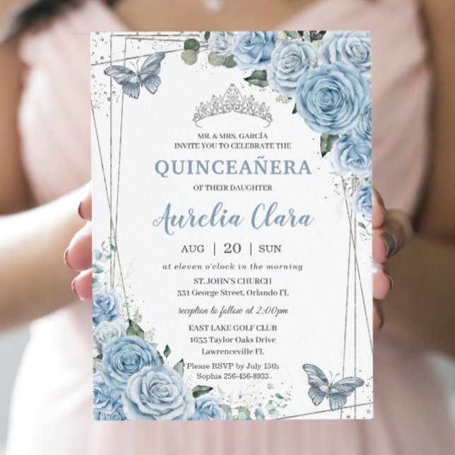 Quinceañera Baby Blue Floral Butterflies 16th  Invitation (Creator Uploaded)