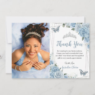 Quinceañera Baby Blue Floral Butterfly Photo 16th Thank You Card