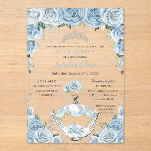 Quinceañera Baby Blue Floral Cinderella Coach Acrylic Invitations