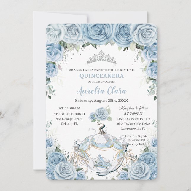 Quinceañera Baby Blue Floral Cinderella Coach Invitation (Front)