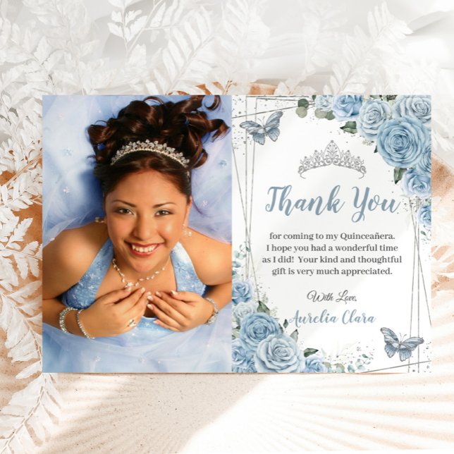 Quinceañera Baby Blue Floral Photo Thank You Card (baby blue roses floral Quinceañera sweet 16 birthday photo picture thank you cards printed download)